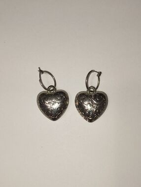 Engraved Silver Heart Hoop Earrings - Romantic Dangle Style